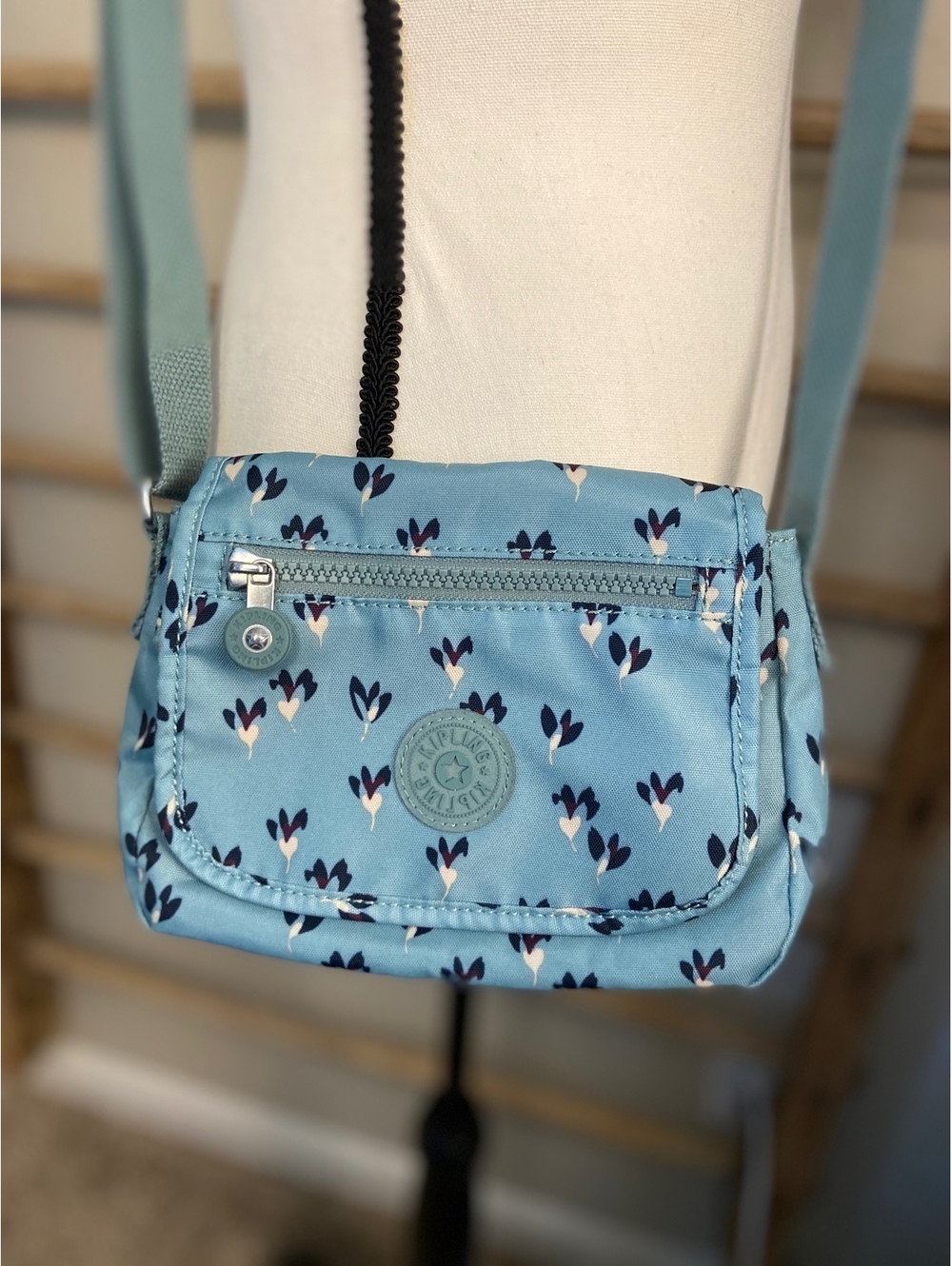 Kipling Blue Floral Crossbody Bag with Adjustable Strap